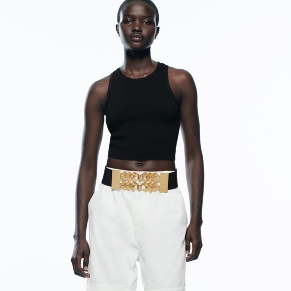 🌹NWT. Zara Black/Golden Elastic Belt with Braided Metal Appliqué. Size 30 - Picture 2 of 9